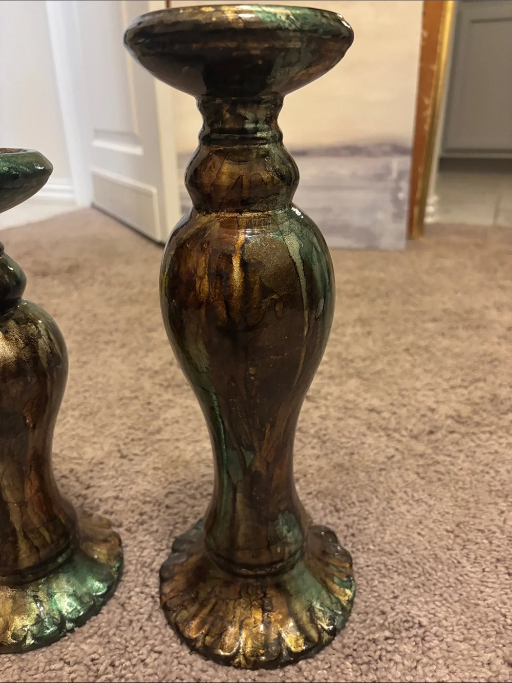Decorative Metallic Green-Bronze Candle Holders - Set of 2